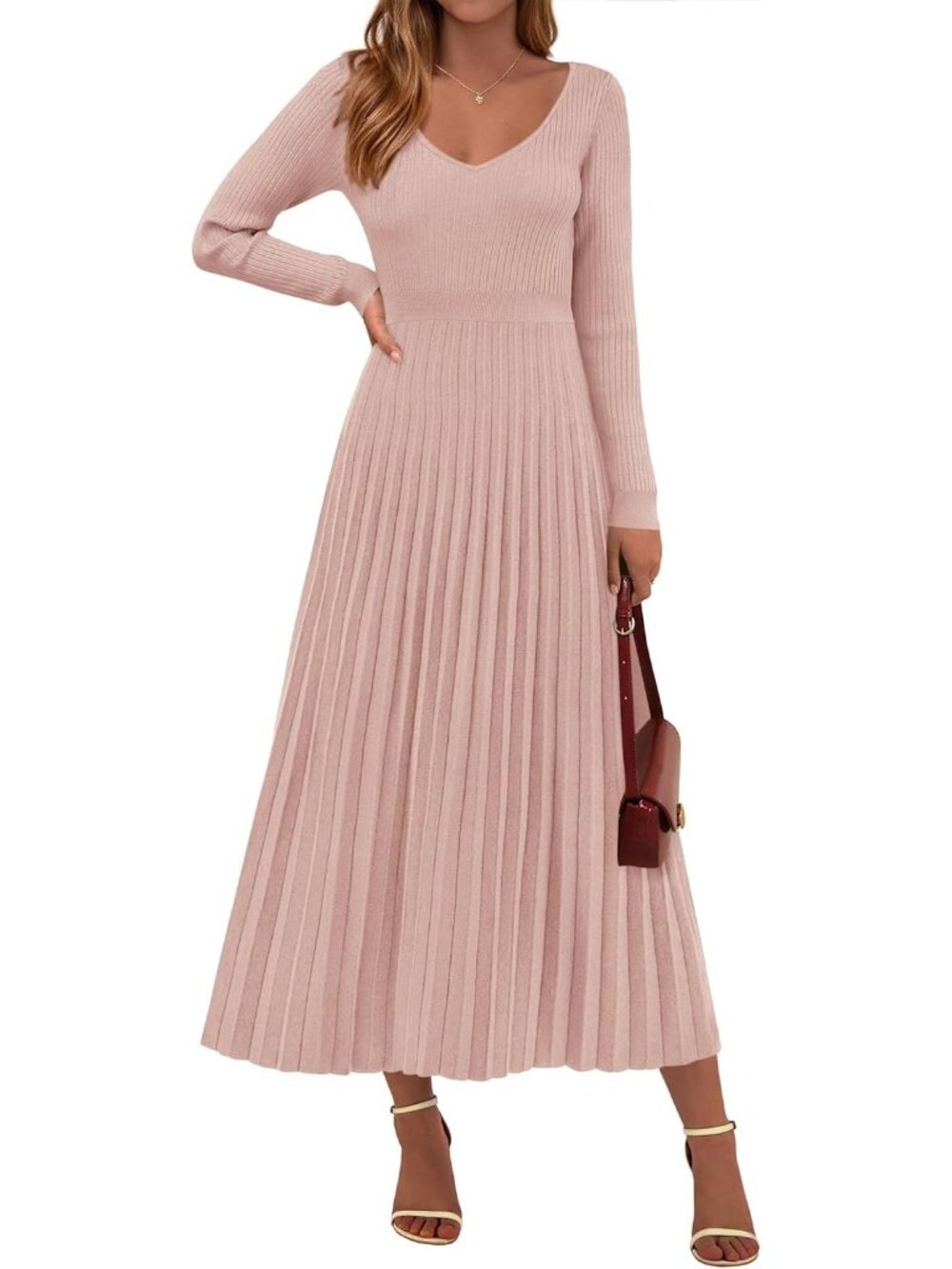 🆕 Women's Light Pink Ribbed Knit Long Sleeve V-Neck Pleated A-Line Midi Dress
